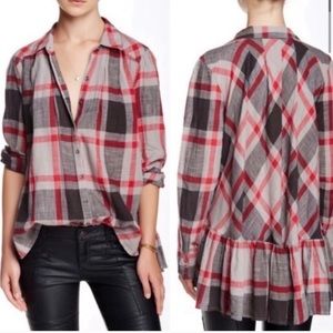 Free People Preppy In Plaid‎ Button Down Peplum Hi Low Blouse Size Small